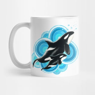 Orca whale and calf blue ink drawing Mug